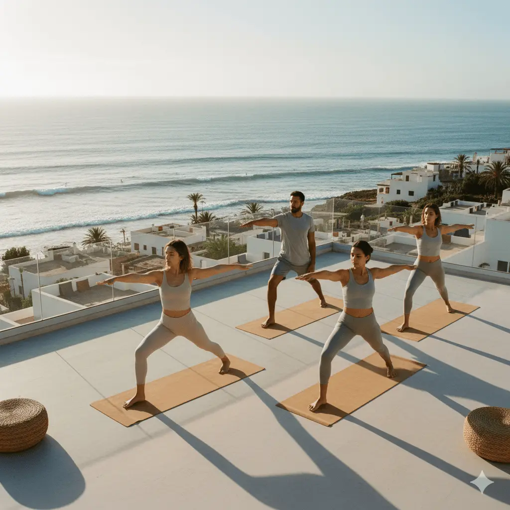 Rooftop yoga class overlooking the ocean in Taghazout