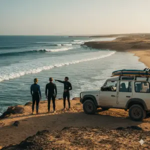 Intermediate surfer carving a clean green wave near Taghazout.